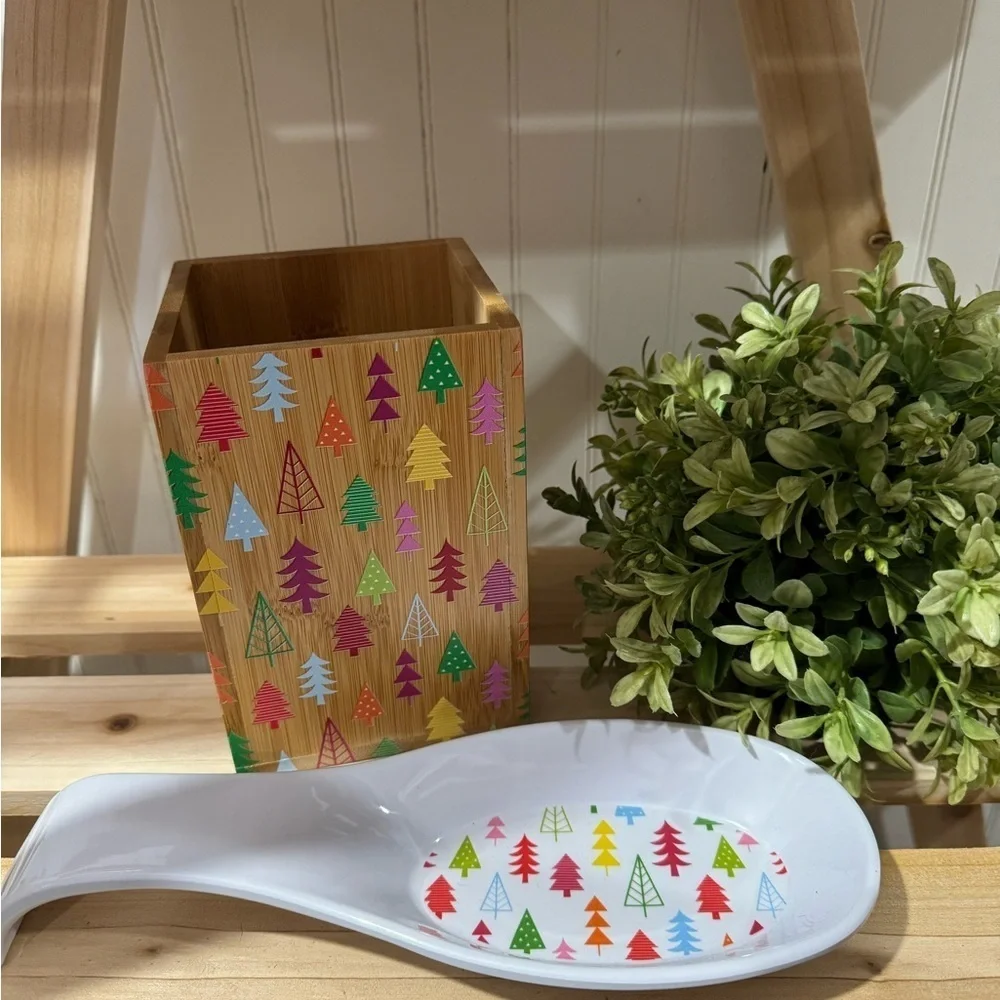 Colorful Utensil Holder & Spoon Rest Tree Set Brand New Christmas holiday decor